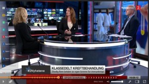 Karita Bekkemellem, administrerende direktør i LMI, møtte kreftlege Odd Terje Brustugun til debatt hos TV2 nyhetskanalen.