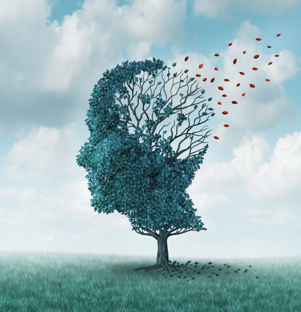 Alzheimers sykdom, illustrasjonsbilde av et tre formet som et ansikt som mister blader.