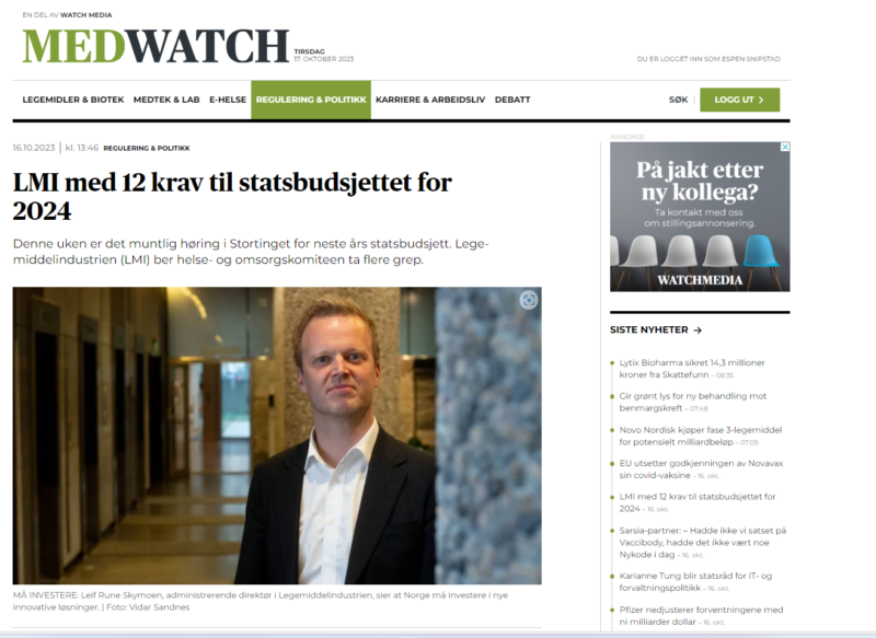 MedWatch: LMI med 12 krav til statsbudsjettet for 2024