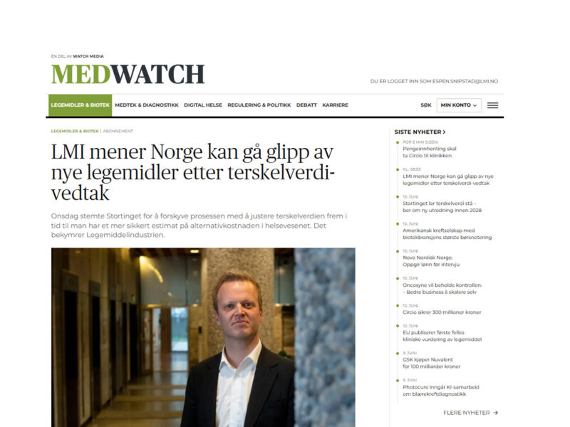 MedWatch: LMI mener Norge kan gå glipp av nye legemidler etter terskelverdi-vedtak